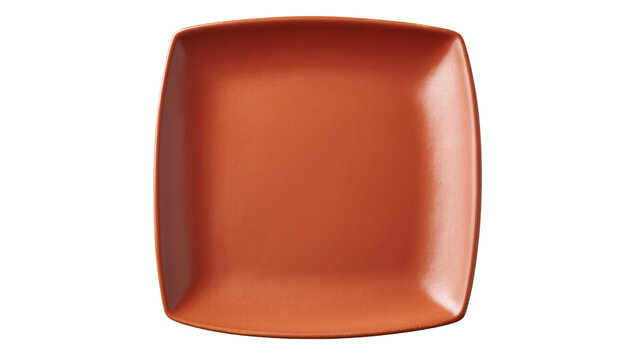 Isolated empty square terracotta plate with soft edges, kitchenware item for dining
