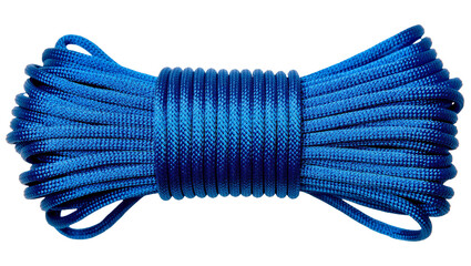 Isolated bright blue utility rope neatly coiled and secured, ready for outdoor adventure © Claudia