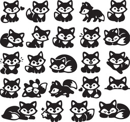 Obraz premium Cute Fox Icon Set, 25 Adorable Cartoon Fox Silhouette Icons, Minimal Animal Character Vector Collection.