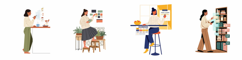 Fototapeta premium Set of illustrations showing a woman managing her schedule, tasks, and home organization using digital and traditional tools.