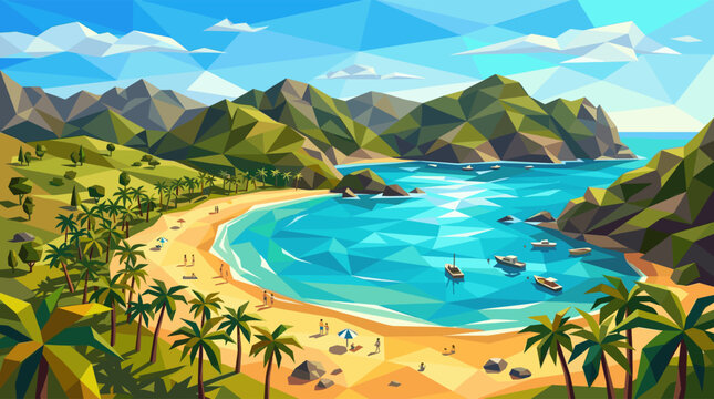 A vibrant, geometric low poly illustration of a tropical beach paradise, with turquoise ocean, palm trees, and green mountains under a sunny blue sky.