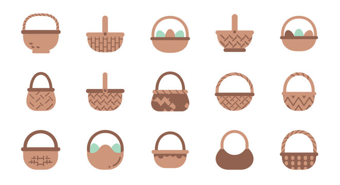 Set of various flat style wicker baskets for easter celebration and spring picnic activities