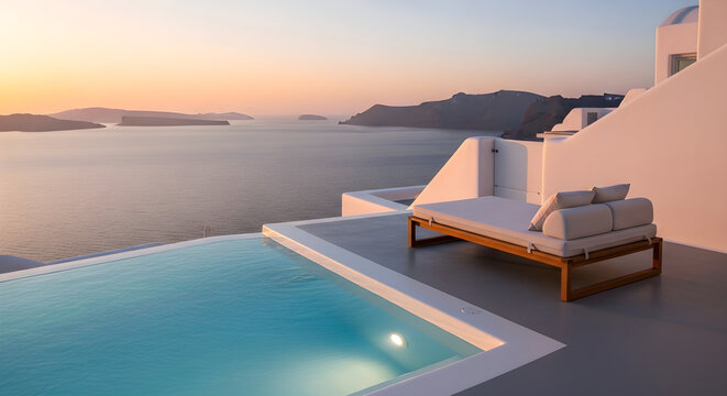 Serene summer day by the ocean with a stunning sunset view and luxury poolside retreat