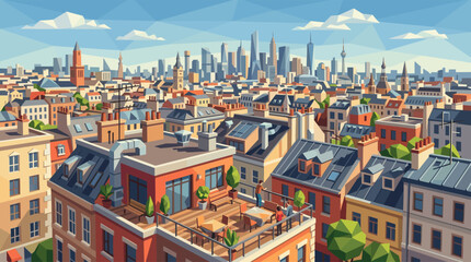Fototapeta premium A vibrant, geometric illustration of a sprawling cityscape, featuring a sunny rooftop terrace with people and a modern skyline in the background.