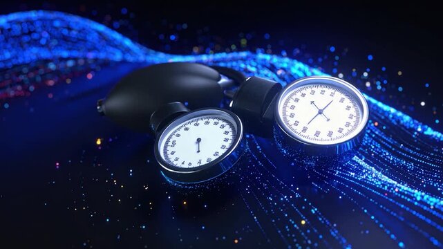 Medical device with gauges and pump on a futuristic, glowing blue background