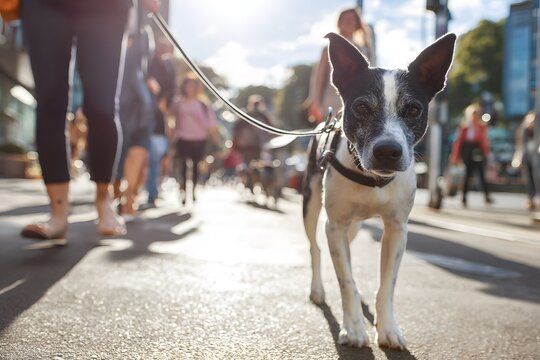 Rat Terrier dog walking on a sunny street with blurred people in the background