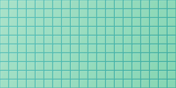 Blue tile pool wall, ceramic grid floor in kitchen or bathroom, teal color tile with blue grout on square mosaic. Green tile grid background with light overlay, toilet interior room or pool.