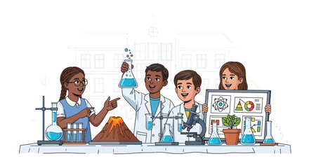 Diverse kids in lab coats experimenting with volcano and science equipment, illustration © Sugiono