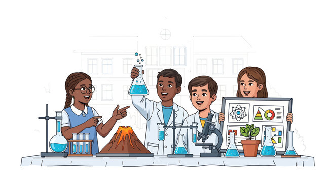 Diverse kids in lab coats experimenting with volcano and science equipment, illustration