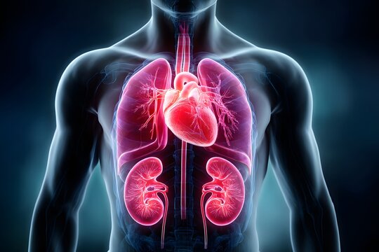 Human internal organs including heart lungs and kidneys shown with a focus on potential heart attack