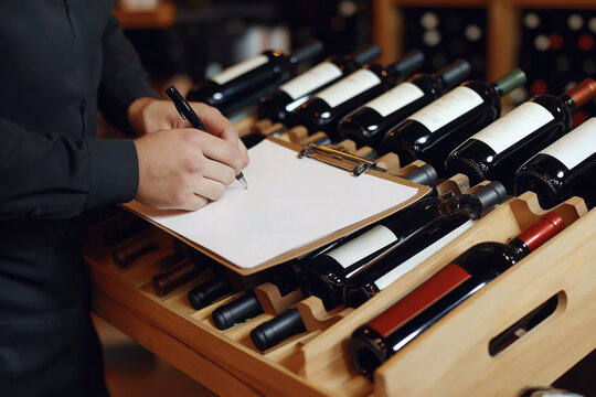 Man writing inventory list in wine cellar