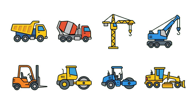 Construction Heavy Equipment Icons Set Industrial Machinery Transportation Vehicles Collection