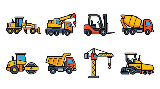 Construction vehicles and heavy machinery icons set on black background, industrial equipment collection vector