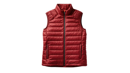 Isolated classic red sleeveless puffer vest featuring a full zip closure and practical pockets © Claudia