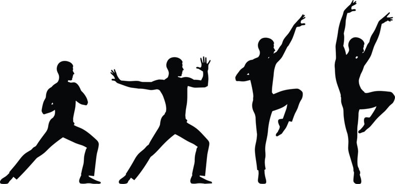 Black silhouette set of a male contemporary dancer performing expressive fluid movements and athletic martial arts poses isolated on a clean white background