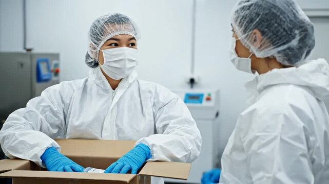 Workers in protective suits packaging.