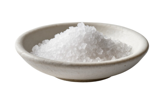 Isolated close up of coarse sea salt crystals in a small ceramic bowl, culinary seasoning