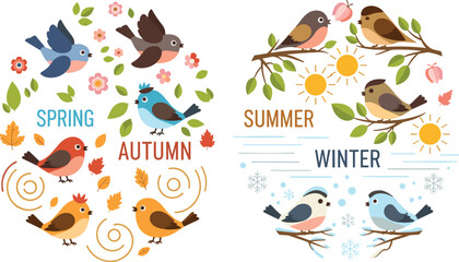 Obraz premium Four Seasons Birds Vector Illustration Set with Spring Flowers Summer Sun Autumn Leaves and Winter Snow Cute Cartoon Birds Collection