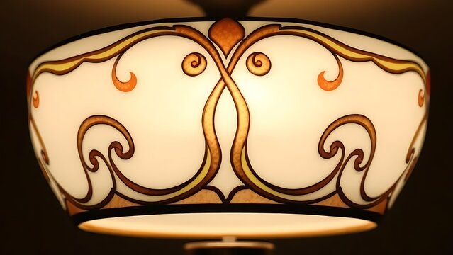 anhydrite. Art Nouveau 'S' curve pattern on an opal glass lampshade, soft glow. real-estate listings, architecture portfolios, designed for real-estate listing and luxury residence showcases.