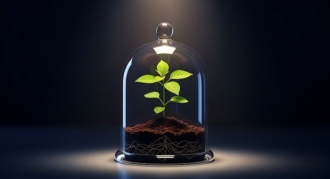 Plant Seedling Under Glass Cloche Symbolizing Growth Protection Cultivation Germination Life Force Concept