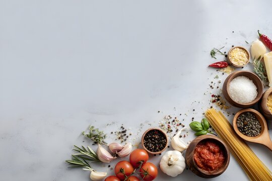 Fresh ingredients for cooking, including tomatoes, garlic, herbs, pasta, and spices arranged on a light surface