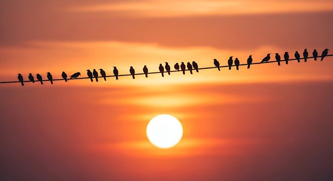 A flock of birds perched on a power line against a vibrant sunset