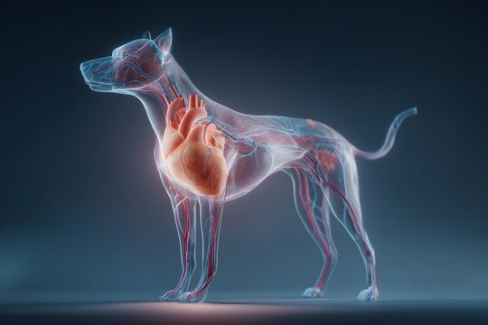 A transparent canine anatomy showing a beating heart and circulatory system with internal organs visible