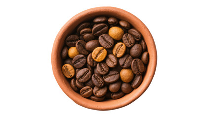 Fototapeta premium Isolated brown roasted coffee beans and lighter ones in a rustic clay bowl, natural ingredient.