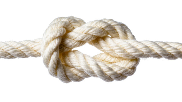 Isolated sturdy natural fiber rope with a tight knot in the middle, symbolizing strength and connection