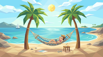 Obraz premium Low poly vector illustration of a woman relaxing and reading a book in a hammock on a sunny tropical beach, a perfect scene for vacation, travel, and tranquility concepts.