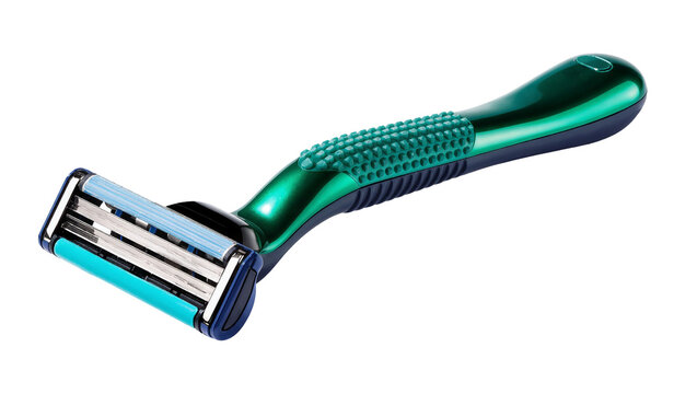 Isolated modern men's shaving razor with a green textured handle and multiple sharp blades
