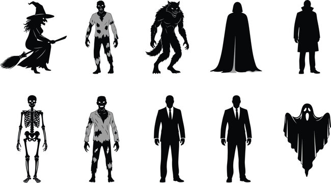 Halloween character silhouettes set, witch zombie werewolf ghost skeleton vampire figures, horror spooky collection, isolated black icons, fantasy costume design, scary creature concept