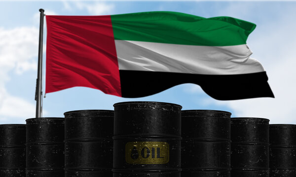 UAE Flag with Oil Barrels - United Arab Emirates Energy Sector Petroleum Industry and Crude Oil Production