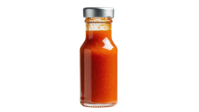 Isolated glass bottle of vibrant orange-red hot sauce with a silver cap, ready for cooking