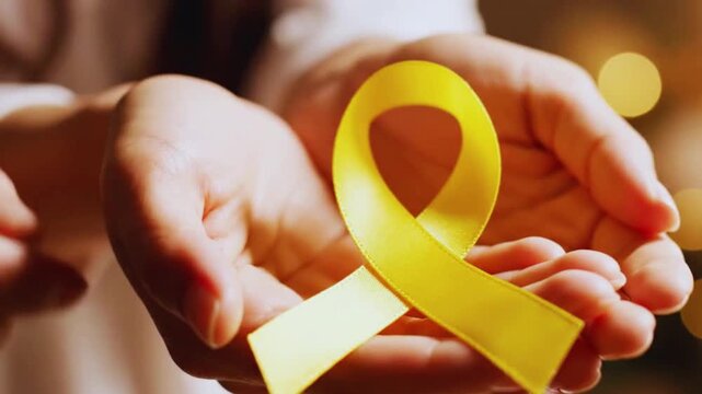 Gentle movement of caring hands presenting a vibrant yellow awareness ribbon symbolizing hope and support during a campaign video footage