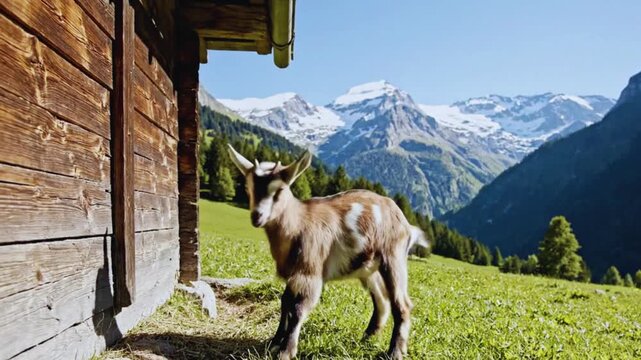 Playful brown and white baby goat runs and jumps energetically in sunny alpine meadow footage video