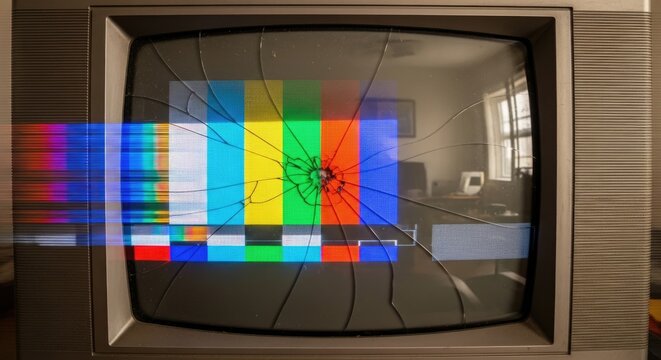 Cracked Television Screen with Color Bars.