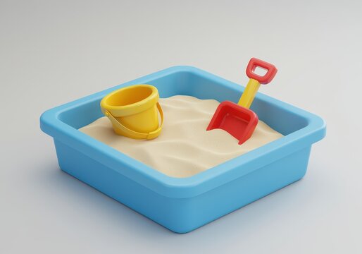 Blue Sandbox Filled with Sand and Yellow Bucket and Red Shovel sandpit beach 3D