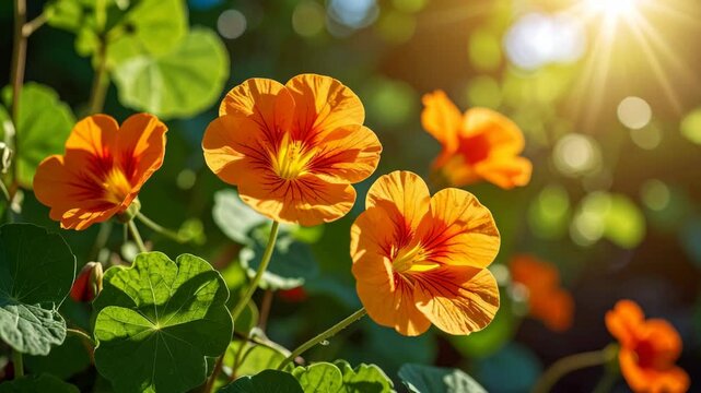 Vibrant orange nasturtium blossoms in a garden setting under bright sunlight with a soft bokeh background