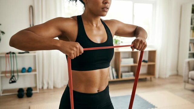 Strong African American woman performing upright rows using red elastic resistance band during intense home workout session