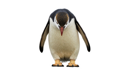 Isolated Chinstrap penguin looking downwards with focused expression and sharp red beak © Claudia