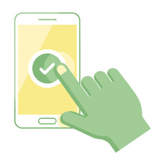 Obraz premium Hand pressing illuminated green checkmark button on glowing yellow smartphone screen in modern digital concept