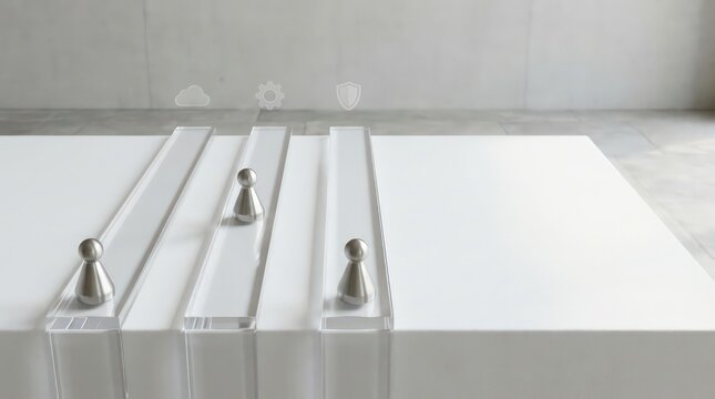 Minimal business continuity and scenario planning background with parallel acrylic pathways cloud settings and security icons on white board with copy space