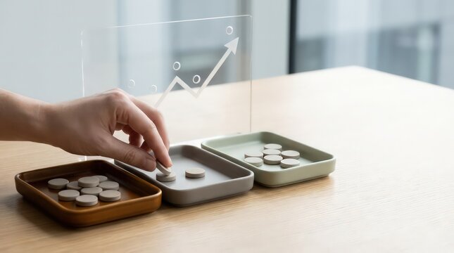 Budget allocation and cost efficiency still life with hand moving tokens between ceramic trays and rising chart for business planning banner