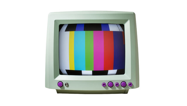Isolated old school light green desktop monitor with vibrant color bar test pattern display