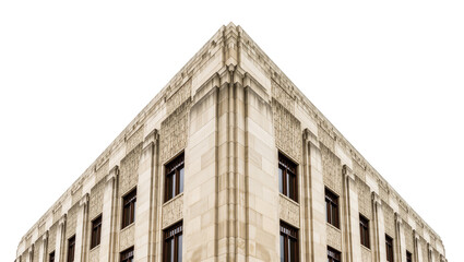 Isolated Art Deco building corner with textured stone facade and dark windows, architectural detail.