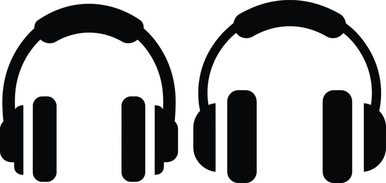 Dual black silhouette over-ear headphones icon for audio, music, and sound technology