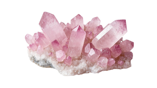 Isolated beautiful pink quartz crystal cluster, natural geology mineral stone specimen