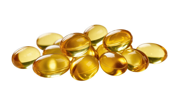 Isolated pile of glossy golden yellow softgel capsules, essential health and wellness supplement