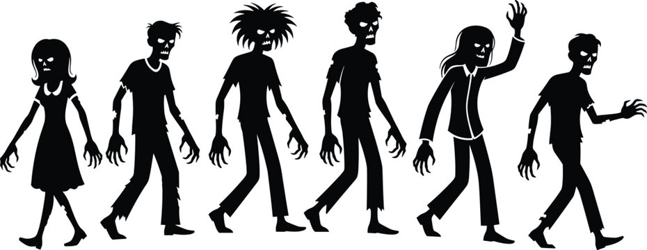Zombie silhouettes collection, creepy walking undead characters in horror poses, black spooky human figures isolated on white background, Halloween monster concept set